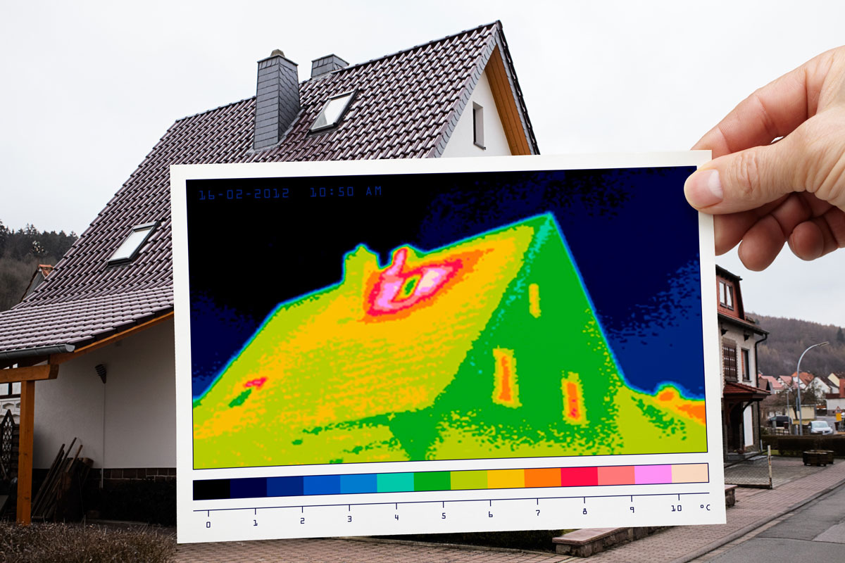 Fotografía térmica superpuesta sobre una vivienda que muestra la pérdida de calor en distintas zonas, utilizada para evidenciar la importancia del aislamiento térmico en ventanas, techos y fachadas